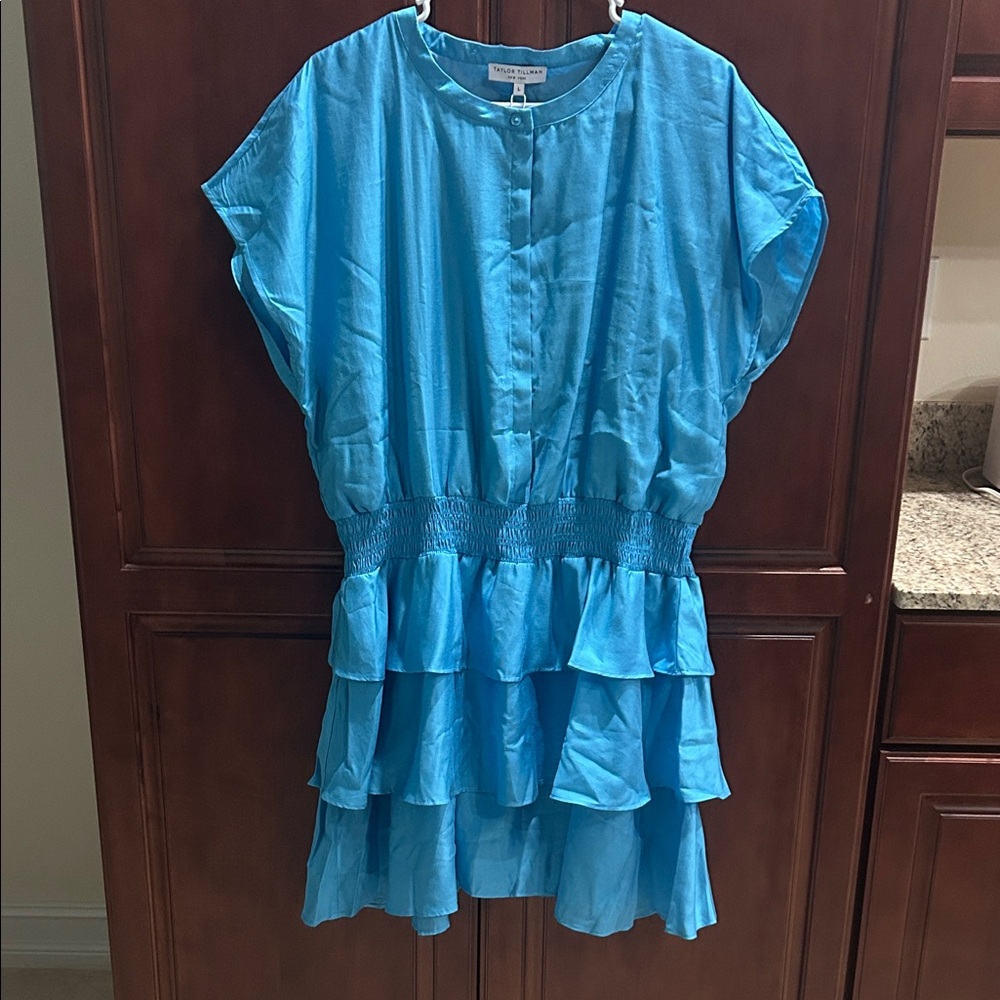 Taylor Tillman Turquoise Tiered Ruffle Smocked-Waist Dress